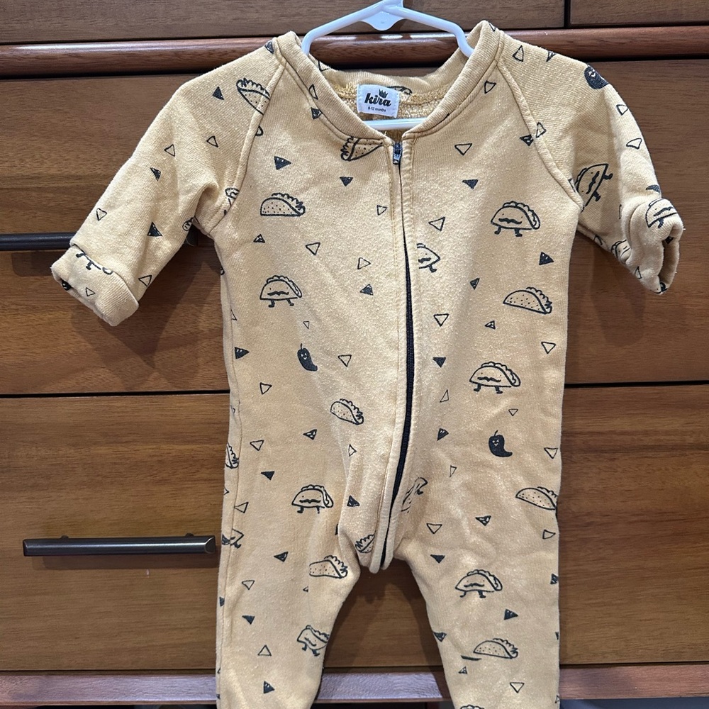Kira Kids Tan Footie with Playful Taco Print, Size 6-12 Months